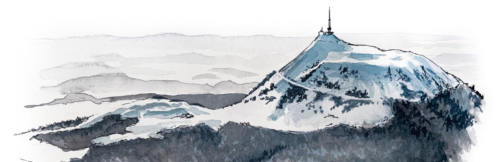 Dessin représentant le Puy-de-Dôme bleu-gris, avec des paysages brumeux en arrière-plan